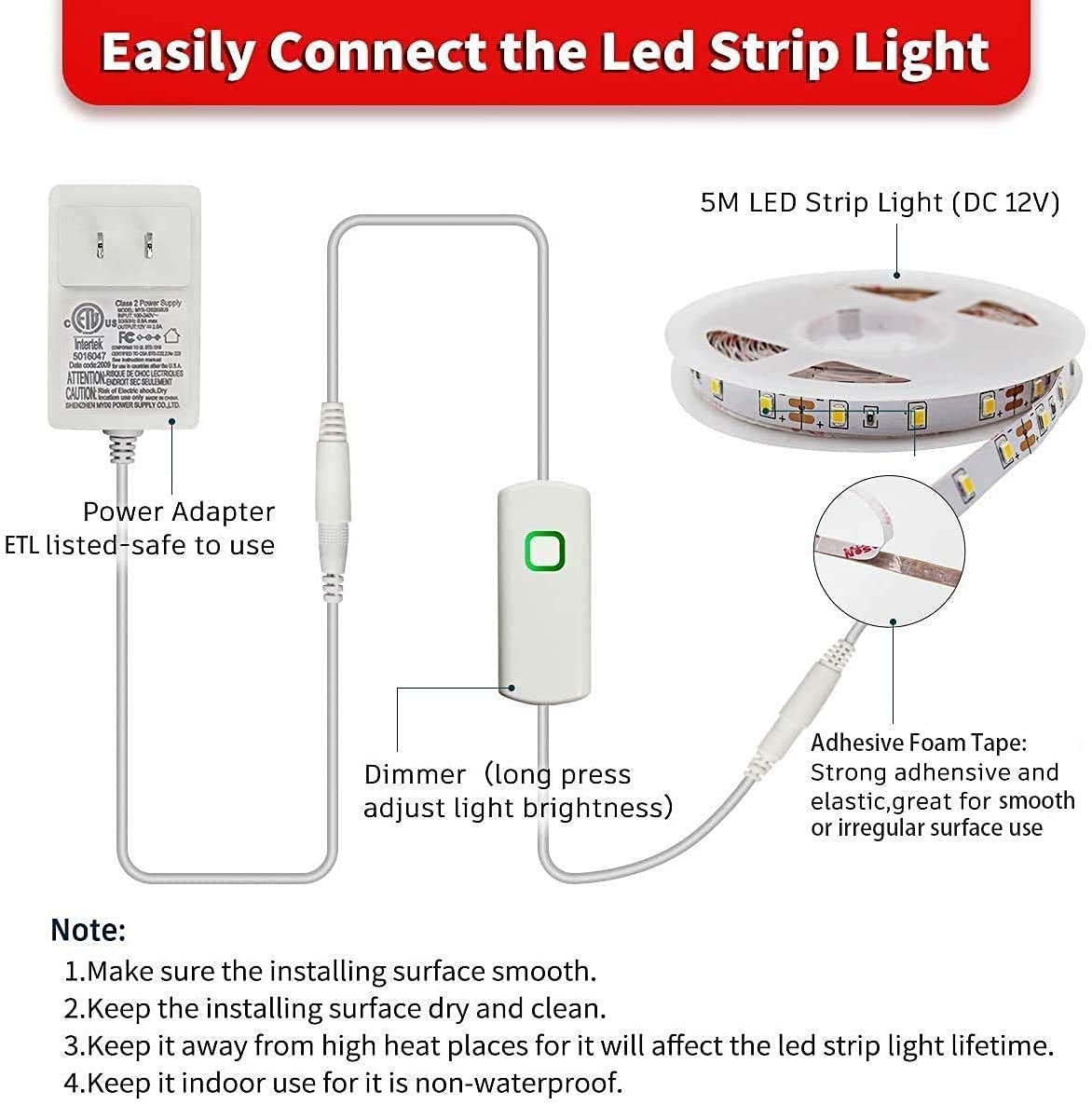 MY BEAUTY LIGHT White LED Strip Lights,16.4ft Dimmable LED Light Strip,12v Flexible LED Rope Lights Kits for Kitchen Cabinet Mirror Bedroom Party Decor