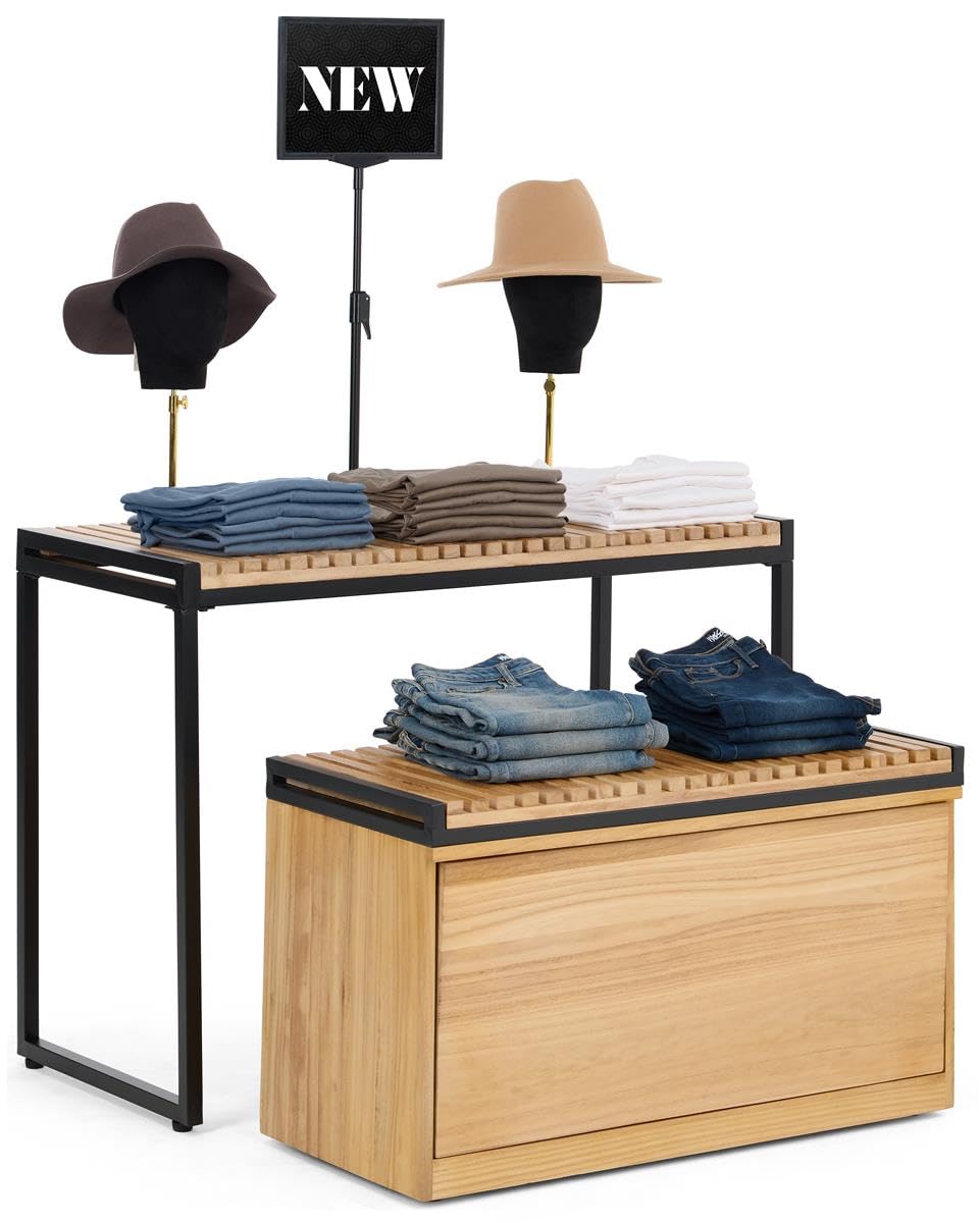 Displays2go Retail Display Nesting Tables, Rectangular, Slatted Pine Wood- Natural Finish (SMWMNTSTORN)