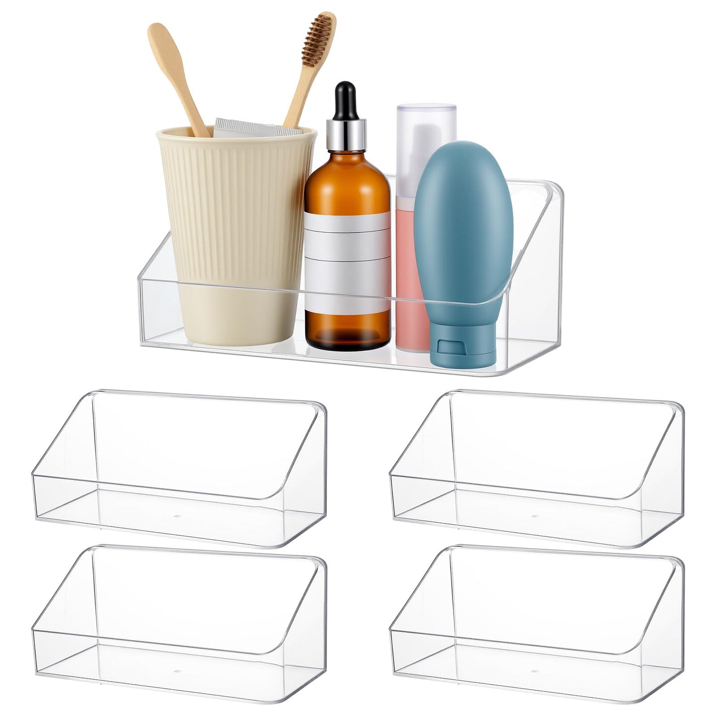 4 Pack Clear Wall Mounted Storage Organizer – No Drill Adhesive Shelves for Bathroom, Kitchen, Bedroom, Mirror Cabinets – Transparent PS Plastic Organizer Bins (7.9” x 3.4” x 3.3”)