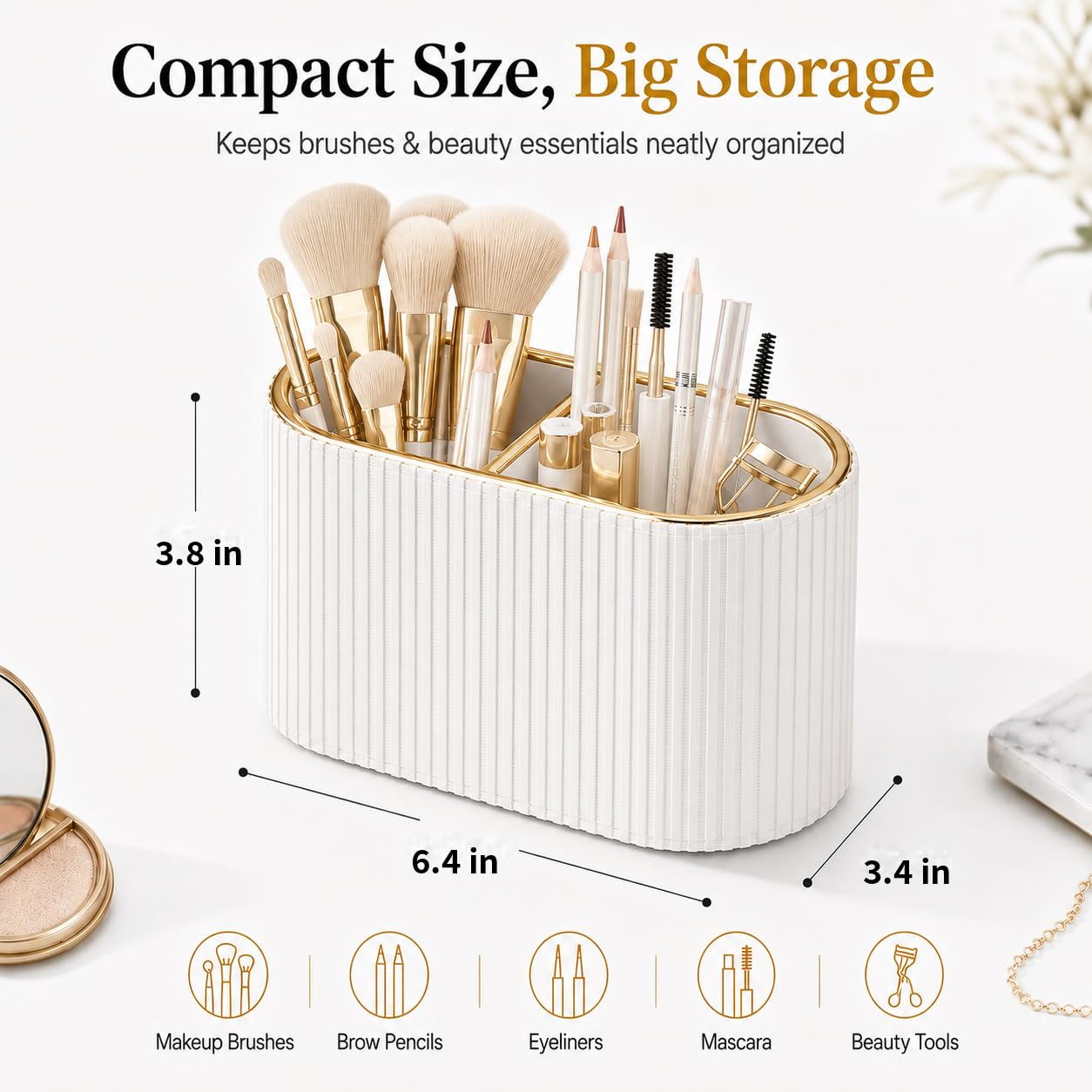 GORESE Makeup Brush Holder Organizer with 2 Slots, PU Leather Small Make Up Organizer for Vanity Bathroom Countertop, Gift for Women(Ivory White)