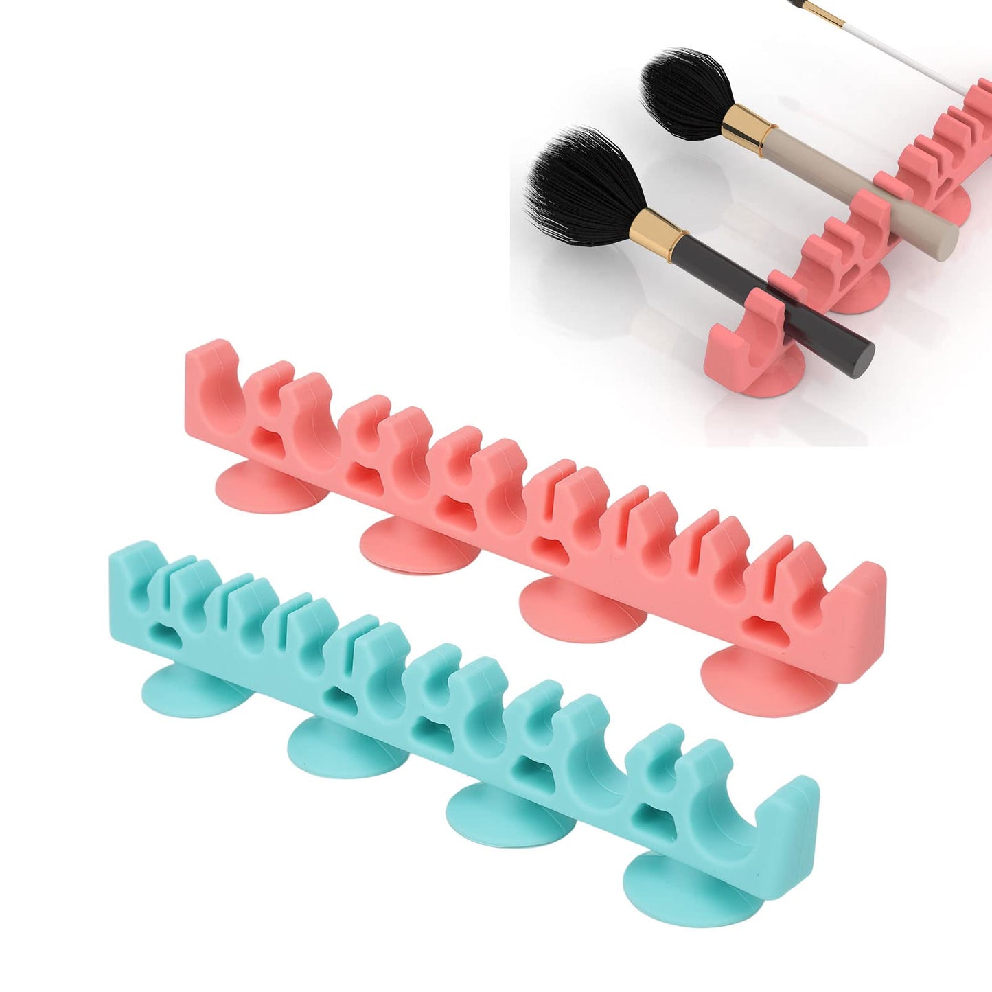 Sonew Silicone Wall Mounted Makeup Brush Rack, Blue, Large, 2 Shelves, Multifunctional, Soft and Gentle, Self-Absorbing Suction Cups, for Cosmetics and Small Items