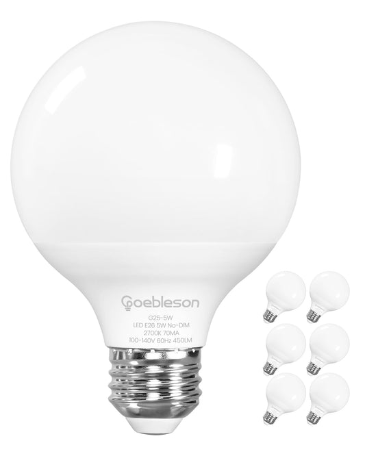 GOEBLESON 6-Pack G25 LED Vanity Light Bulbs, 5W (60W Equivalent),2700K Warm Light, 450LM, CRI90+, Non-Dimmable, Globe Bulb for Bathroom Mirror, Living Room, Bedroom, E26 Base, ETL Listed W01G2P605