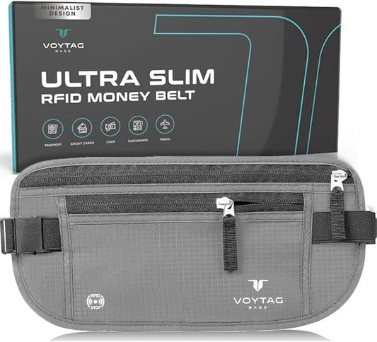 Travel Money Belt & Passport Holder - RFID Blocking Slim Travel Wallet & Fanny Pack for Men and Women - Essential Travel Pouch for Cash, Credit Cards, and Documents (Grey)