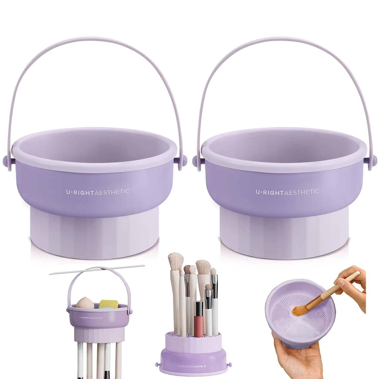 GOLIKEE 2 Pack Makeup Brush Cleaner Mat 3 in 1 Silicone Makeup Brush Cleaning Bowl Makeup Brush Sponge Scrubber Tool for Cleaning, Storage and Upside Down Drying, (Two Purple)