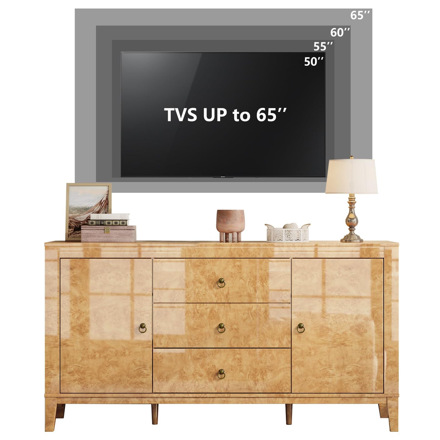 LUXOAK High Gloss Sideboard Buffet Burl Wood 60'' Cabinet Buffet Table with 3 Drawers & 2 Closed Storages, Mid-Century Modern Sideboard for Dining Living Room, Blond Burl