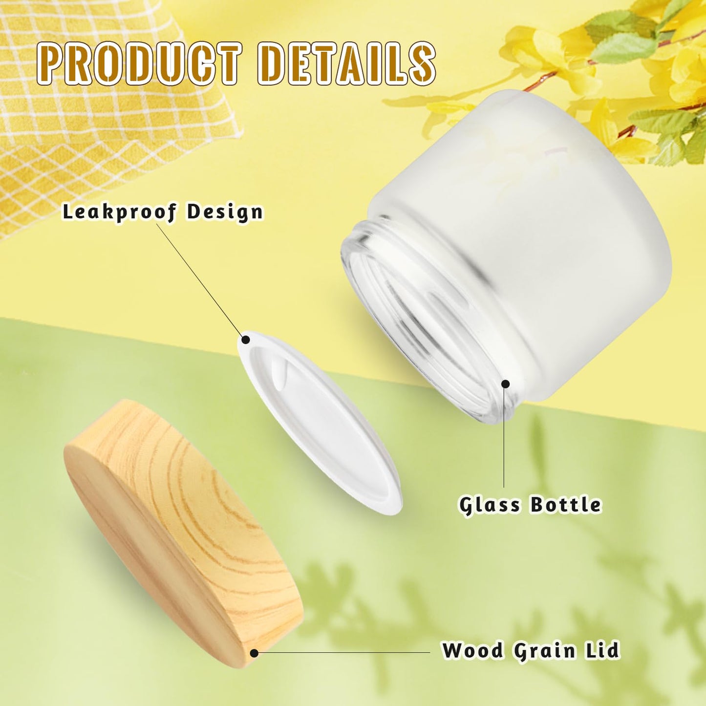 10 Pcs 60g/2oz Frosted Cream Jars Travel Size Glass Cosmetic Containers Empty Glass Jars with Wood Grain Lids for Makeup Lotion Face Cream - White