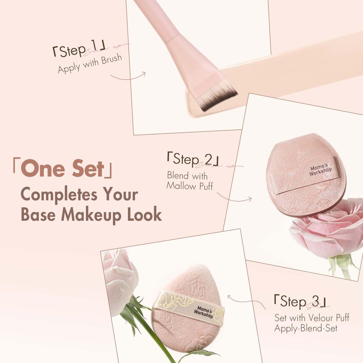 Momo's Workshop Rosy Reverie Trio Makeup Brush and Sponge Set–Satin Rose Edition 3-Piece Kit for Foundation and Powder&Fish Tail Brush, Flat Blending Sponge & Velour Powder Puff for a Flawless Finish