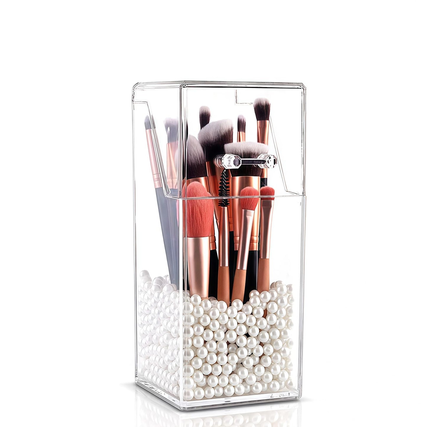 QUUPY Clear Makeup Brushes Holder with Lid Acrylic Makeup Brush Jewellery Organiser Storage Holder Jar for Dresser Bedroom Bathroom(Without pearls and brushes)