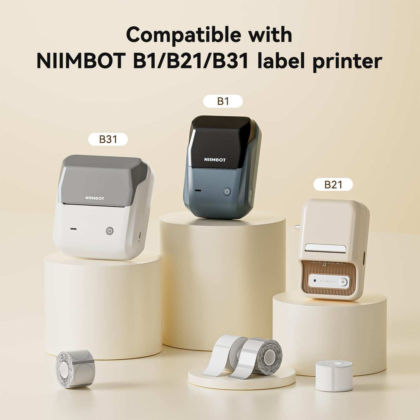 NIIMBOT Thermal Label Tape 3 Rolls, Compatible with B1/B2/B21/B31 Label Maker, Multi-Size Pack (50x50mm, 41x41mm, 50x30mm) for Baking, Cosmetics, Jars, Gifts, Logos & File Organization Stickers