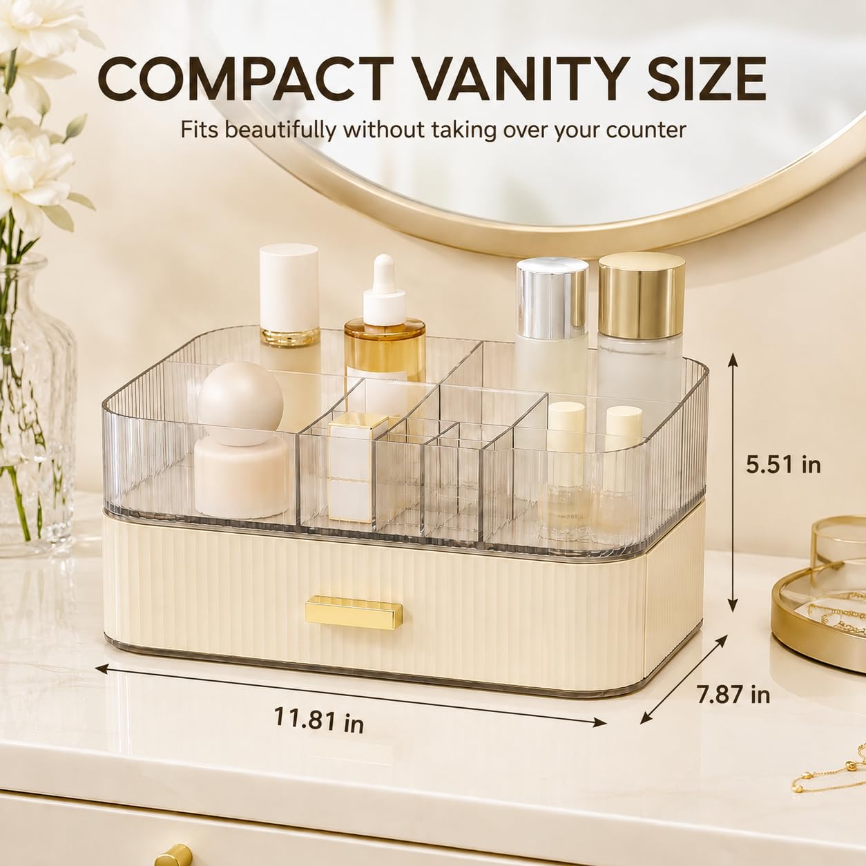 Decorcode Makeup Organizer with Wide Drawer for Vanity, Stackable Cosmetic Organizer Countertop, Clear Skincare Storage for Bathroom Counter, Perfume, Lipstick, Brushes and Palettes, Cream White