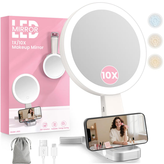 Makeup Mirror with Lights and Magnification, Double-Sided 10X Magnifying Mirror, Portable Lighted Makeup Mirror with 3 Color Lights, Rechargeable Make up Mirror 3 in 1 Tabletop, Handheld, Hanging