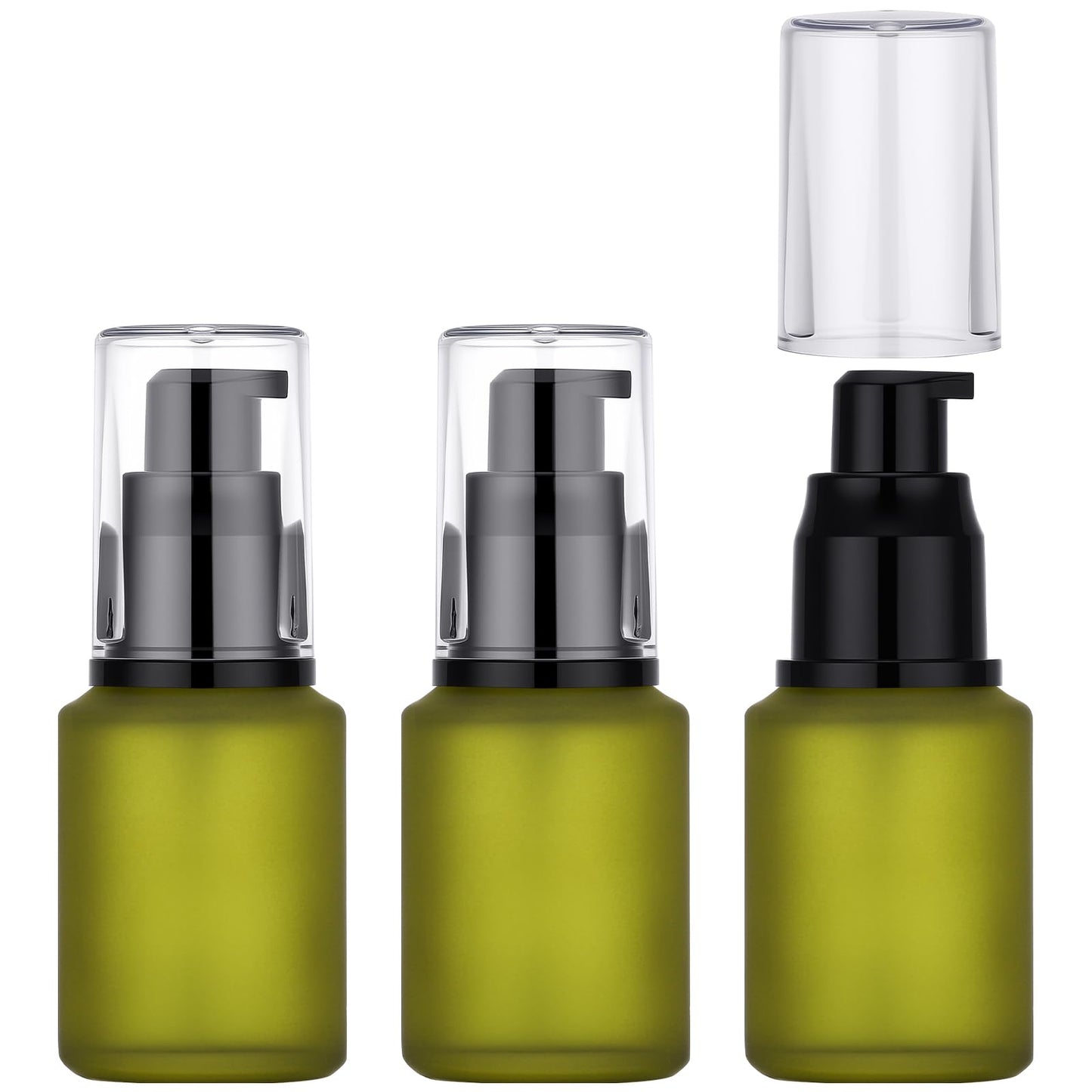 Segbeauty 1oz Frosted Glass Empty Travel Size Bottles for Creams, 3pcs Refillable Lotion Pump Bottle Dispenser, 30ml Liquid Travel Containers, Green Mini Lotion Container Foundation Pump Dispensers