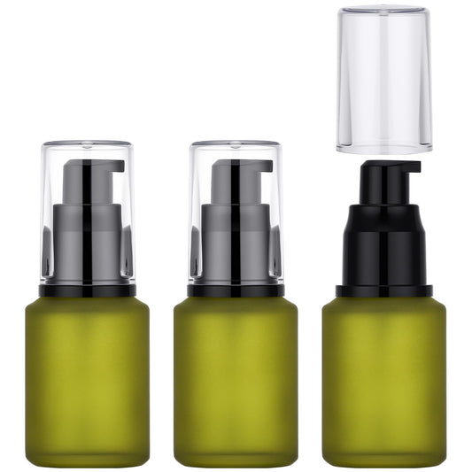 Segbeauty 1oz Frosted Glass Empty Travel Size Bottles for Creams, 3pcs Refillable Lotion Pump Bottle Dispenser, 30ml Liquid Travel Containers, Green Mini Lotion Container Foundation Pump Dispensers