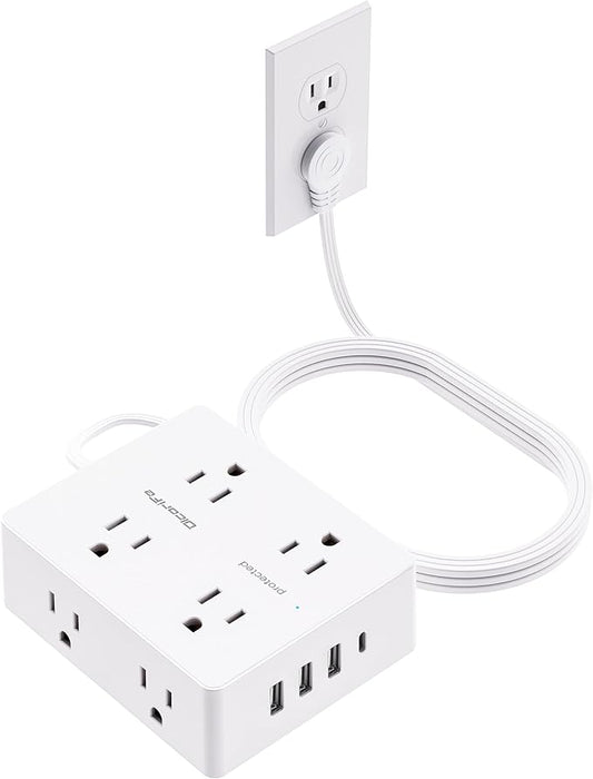 Surge Protector Power Strip, Olcorife Ultra Thin Flat Plug Extension Cord 5ft, 8 Outlets 4 USB Ports(1 USB C), Flat Wall Plug Outlet Extender, College Dorm Room Essentials, White