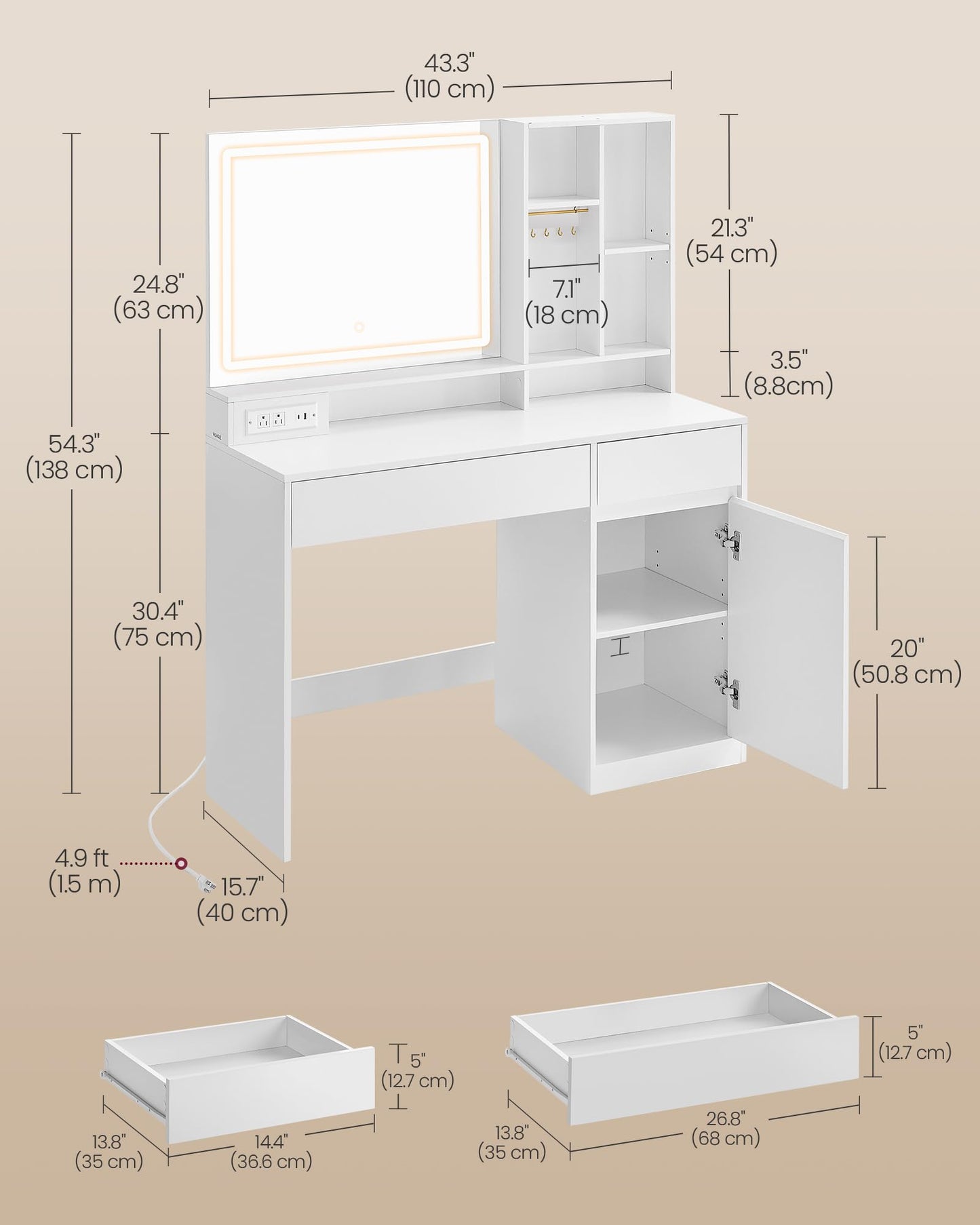 VASAGLE KAILYN Collection - 43.3-Inch Vanity Desk with Mirror and Lights, Power Outlets, Modern Vanity Table Set with Stool, Jewelry Storage, Adjustable Shelves, for Bedroom, Cloud White URDT632WB02S