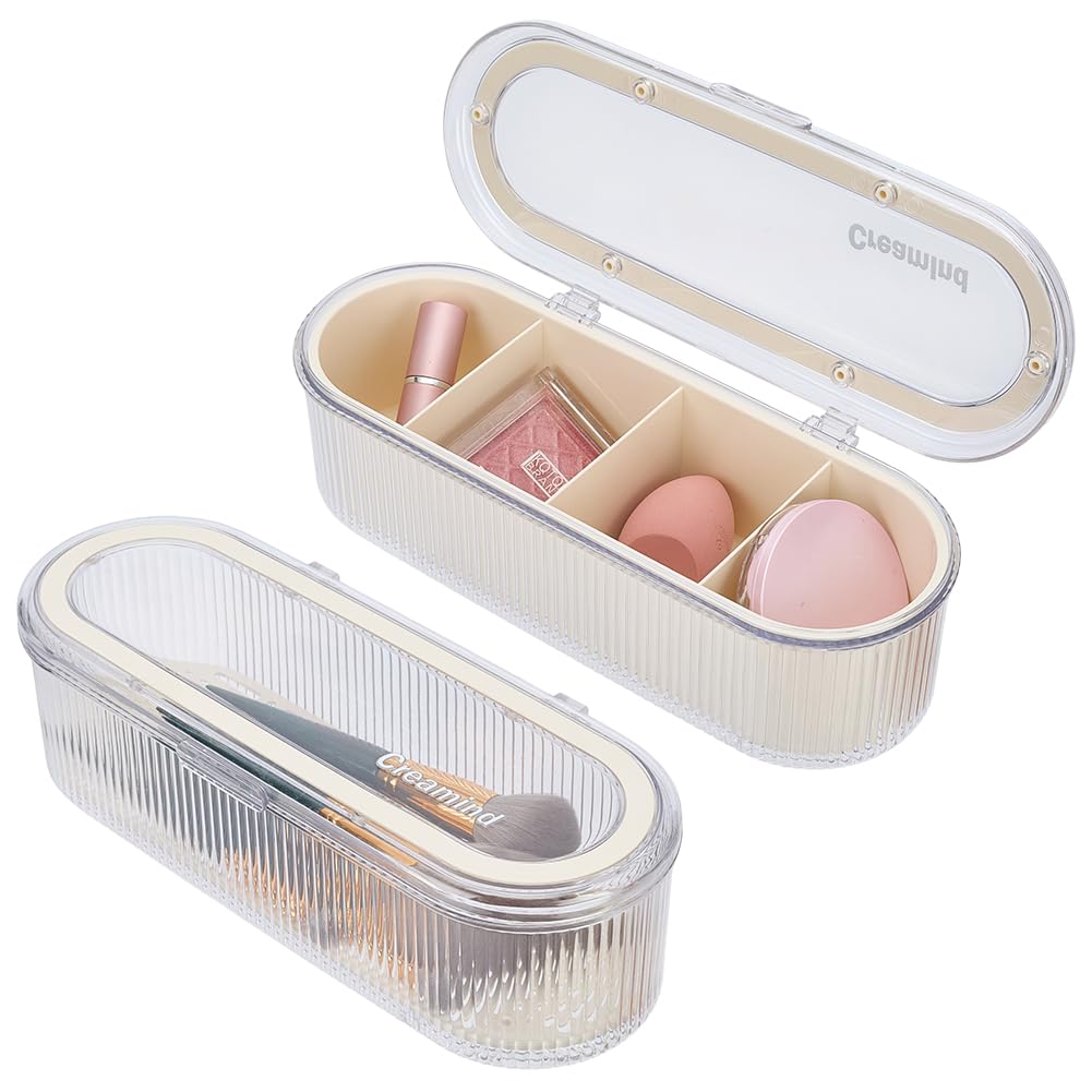 GOMAKERER 2 Pcs 2 Styles Makeup Brush Holder, Clear Makeup Sponges Organizer with Lid for Vanity, Bathroom & Countertop, 10.6 x 3.7 x 3.2 Inch