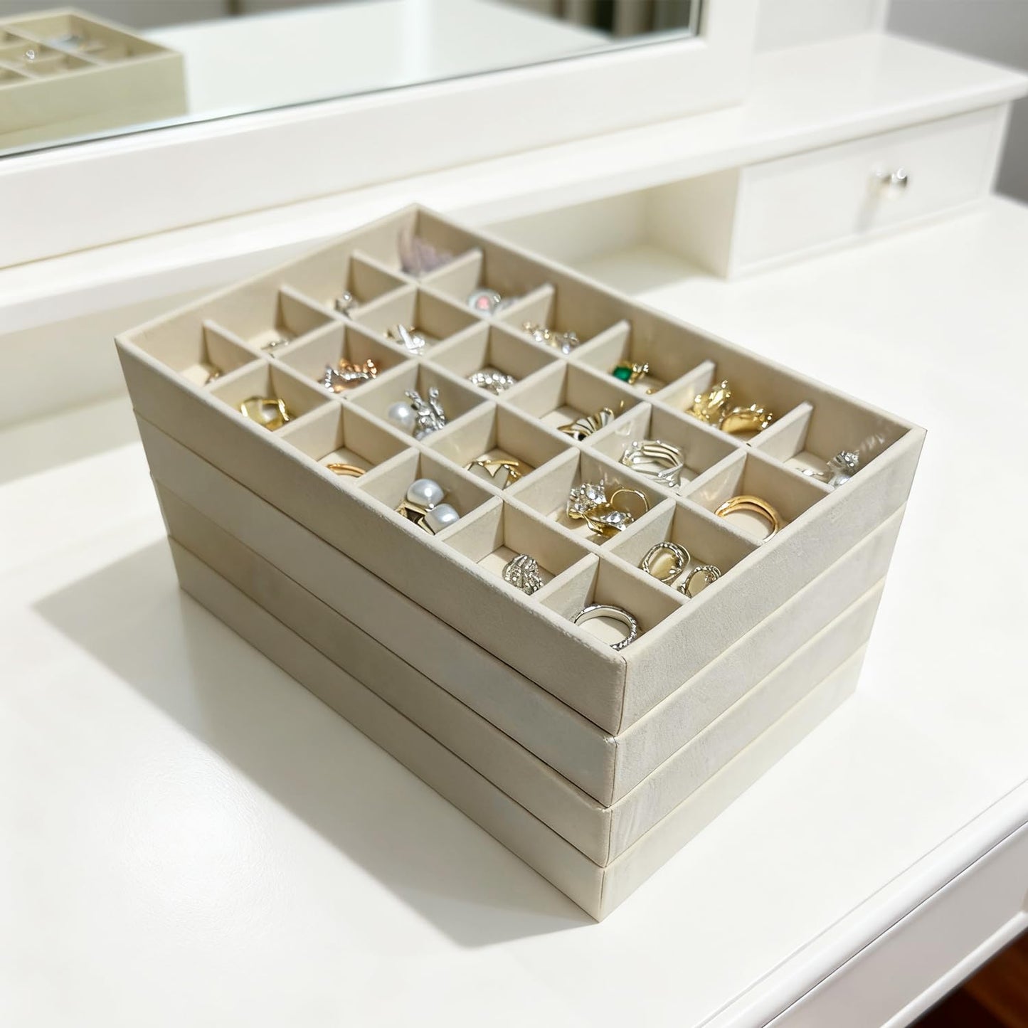 KATISYIO Stackable Jewelry Trays Organizer for Drawer Set of 4 – Velvet Drawer Inserts Organizer Jewelry Organizers and Display Set for Earrings, Rings, Necklaces, Bracelets (Beige)