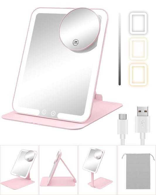 Gospire Travel Makeup Mirror with Lights and Magnification 10X, Portable Make Up Compact Tabletop Mirror with Adjustable Stand, 3 Colored Lights Rechargeable Lighted LED Vanity Mirror - Pink