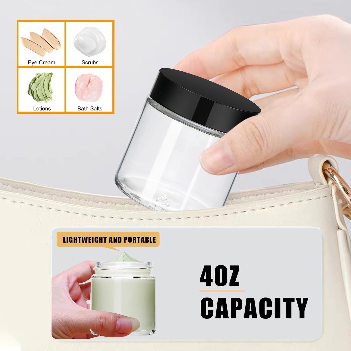 4oz Glass Clear Cosmetic Jars with Black Lids,Empty Small Glass Jars with Inner Liners,Round Travel Sample Container for Cream,Lotion,Ointments,Candle Making,Set of 25