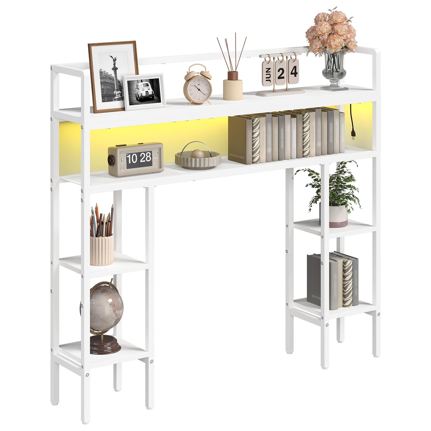 MAHANCRIS Desk Shelf, 43.3" Desk Hutch with Light Strip, Office Desktop Organizer, 5 Tier Desktop Bookshelf for Computer Monitor, Storage Rack for Study, Home Office, White DSWT9801