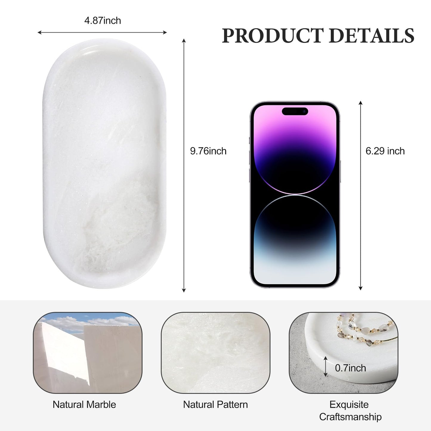 Koville African Natural White Marble Decorative Tray, 10" x 5" Marble Vanity Tray for Bathroom Countertop Organizer Stone Trays, Catchall Tray for Perfume, Candles, Jewelry (Namib Bianco White)