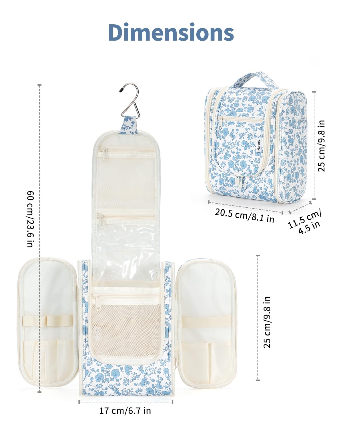 Narwey Hanging Toiletry Bag Women Travel Makeup Bag Organizer Toiletries Bag for Travel Size Essentials Accessories Cosmetics (Medium,Blue Flower)