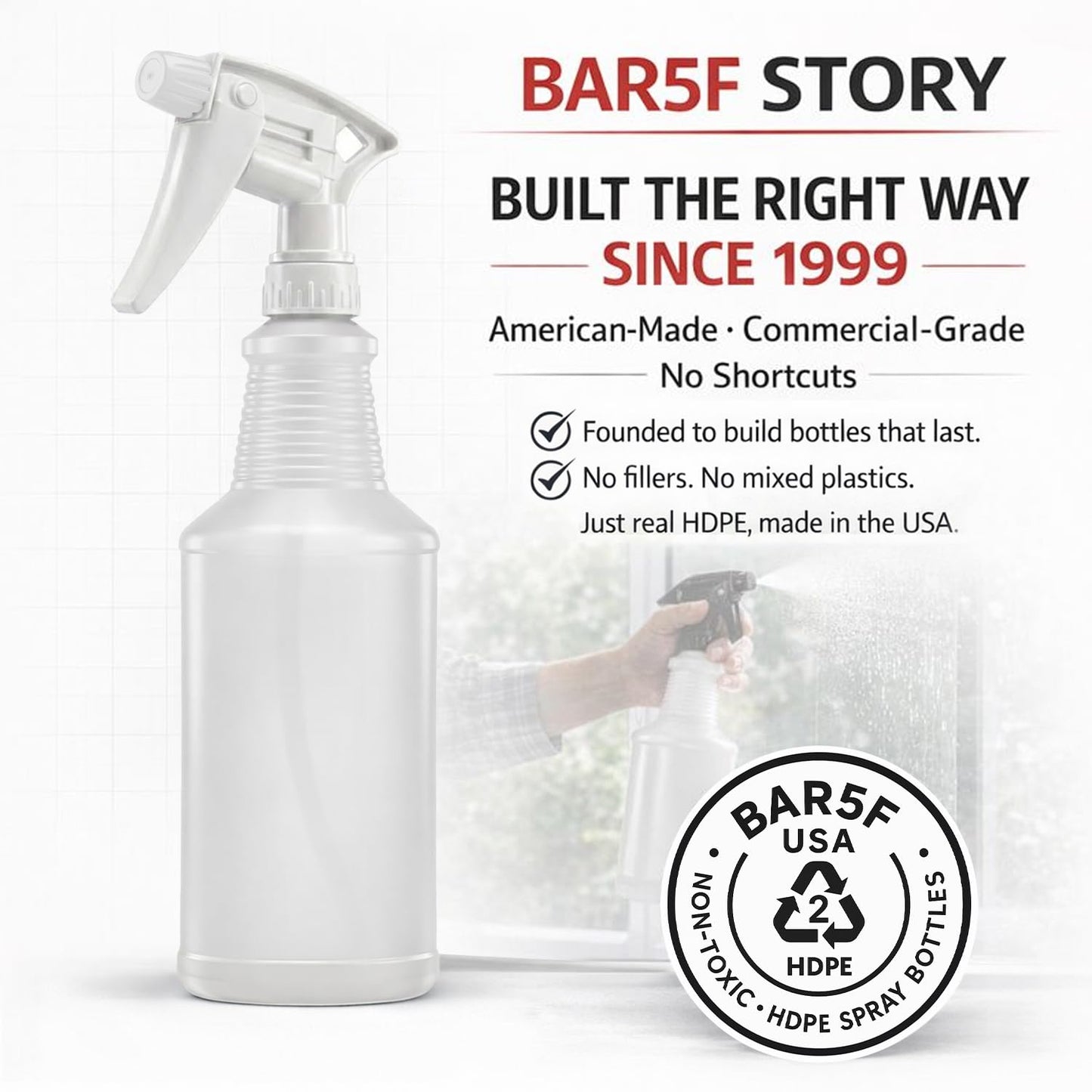 Bar5F Commercial Spray Bottles with Adjustable Trigger, Chemical Resistant HDPE, BPA-Free (3-Pack / 24 oz/Multicolor)