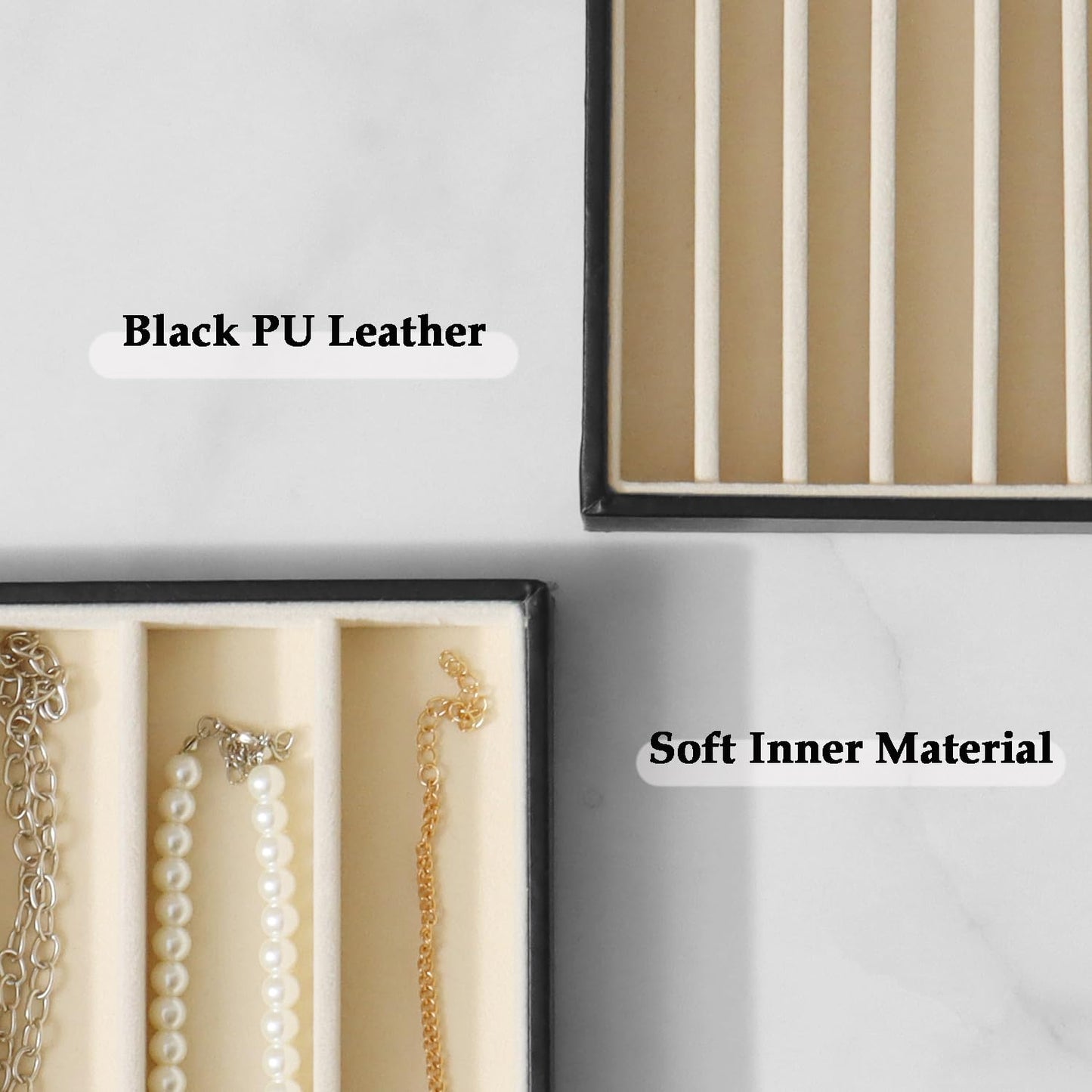 KATISYIO Large Jewelry Organizer Tray 2 Pack, Stackable Jewelry Storage Holder for Drawer Inserts, PU Leather Velvet Jewellery Display Case for Earring Bracelet Necklace Ring (Black Beige, 16 Grids)