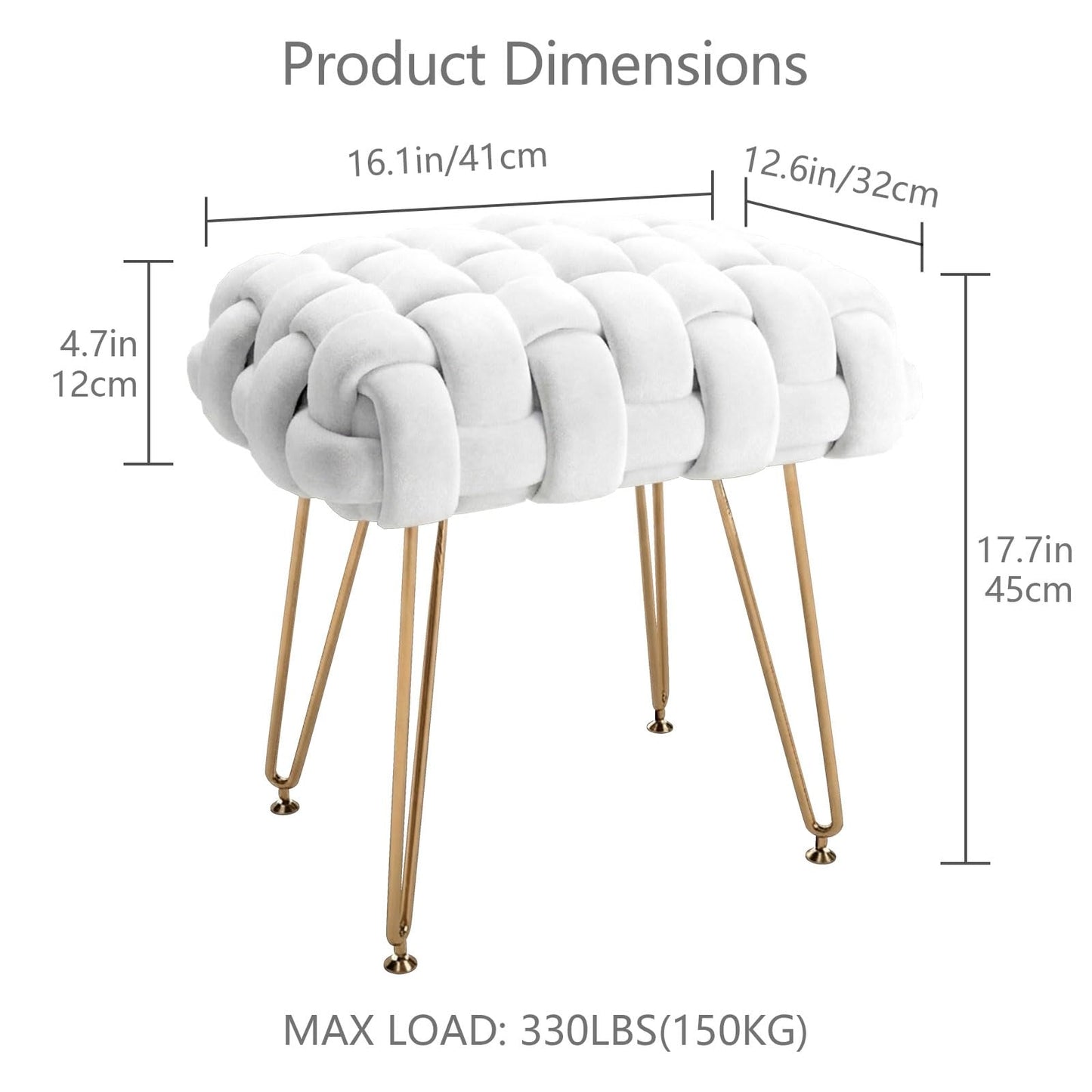 Sefulei Upholstered Velvet Vanity Stool, Hand-Woven Makeup Vanity Chair with Gold Metal Legs, Modern Foot Stool Ottoman for Living Room Bedroom, Easy Assembly (White)