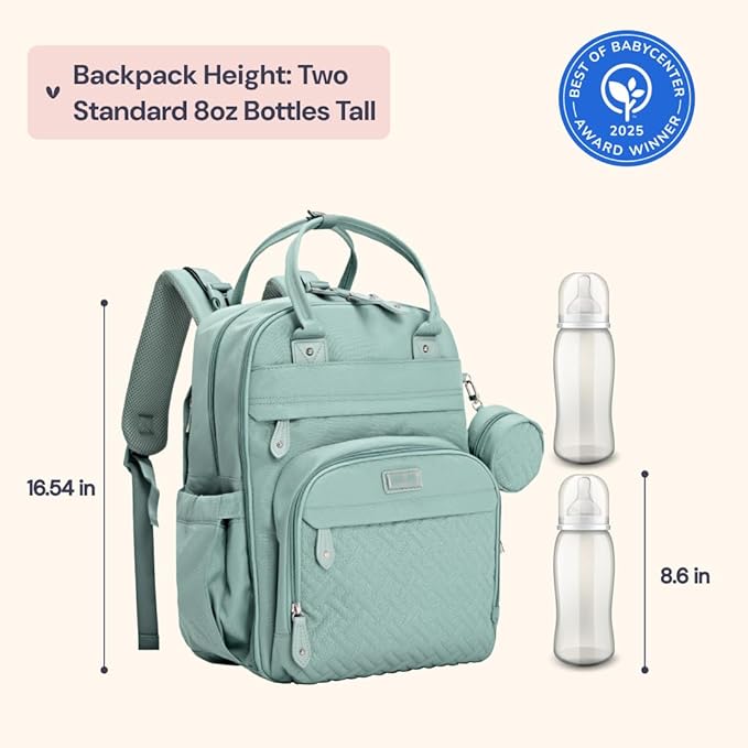 BabbleRoo Diaper Bag Backpack - Baby Essentials Travel Bag - Multi Function Water Resistant Diaper Bag, Travel Essentials Baby Bag with Changing Pad, Stroller Straps & Pacifier Case – Sage Green