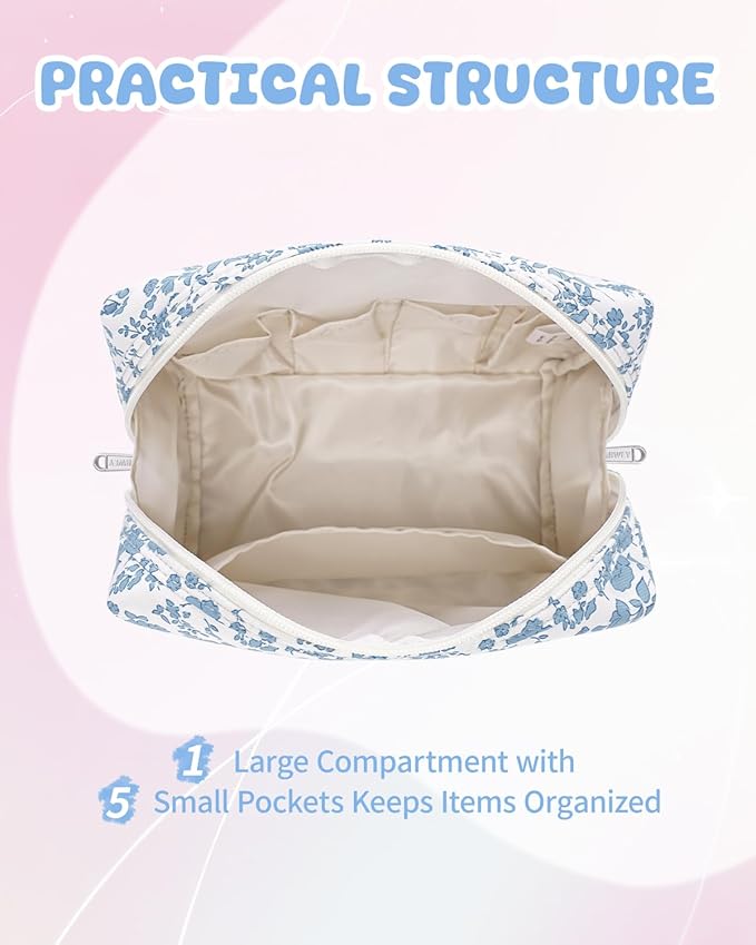 Narwey Birthday Gifts for Teen Girls Kids Women Personalized Initial Floral Makeup Bag Cute Cosmetic Trendy Stuff 6 8 10 11 12 13 14 16 18 Years Old Travel Toiletry Bag (Little Blue Flower M)
