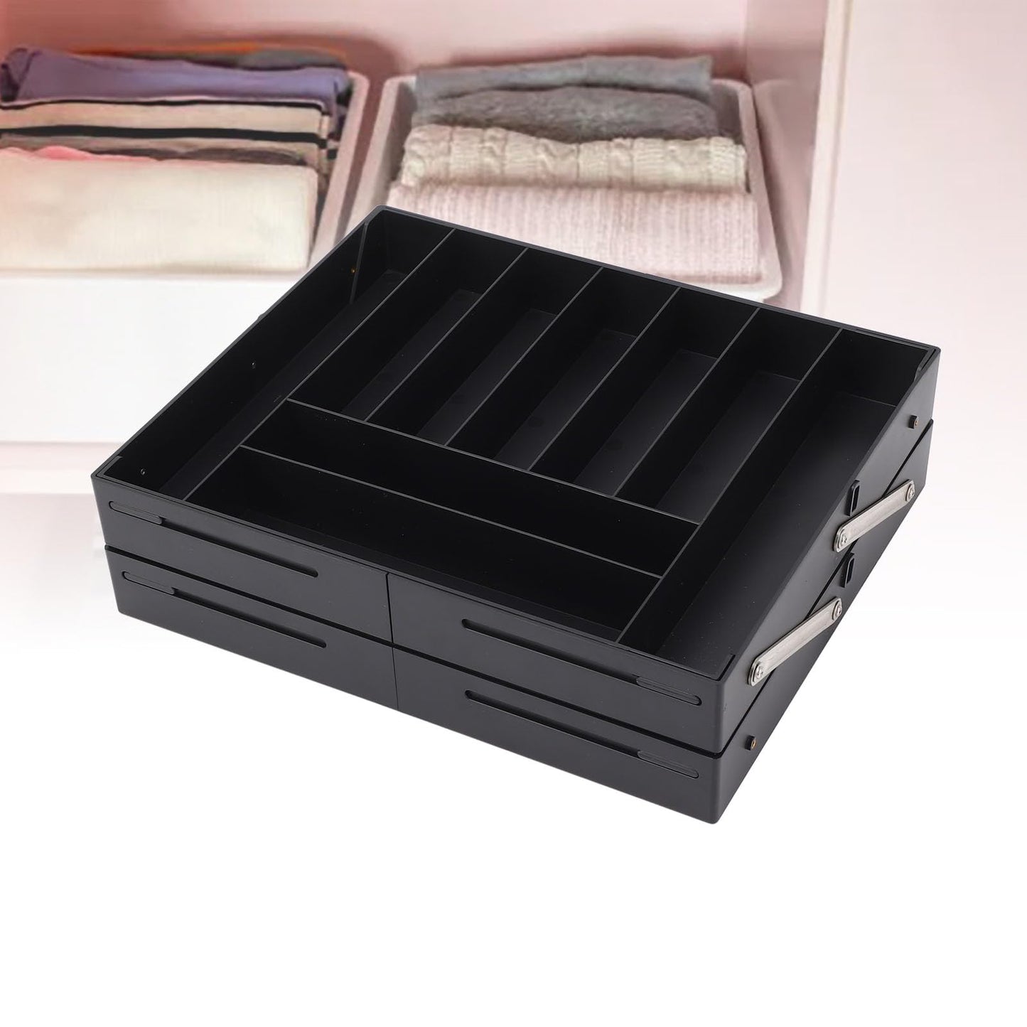 Extra Large and High Drawer Organizer, 2 Tier Smart Expandable Desk Organizer, Multi Level Junk Drawer Organizer for Makeup, Jewelry, Desk, Office Drawers (Black)