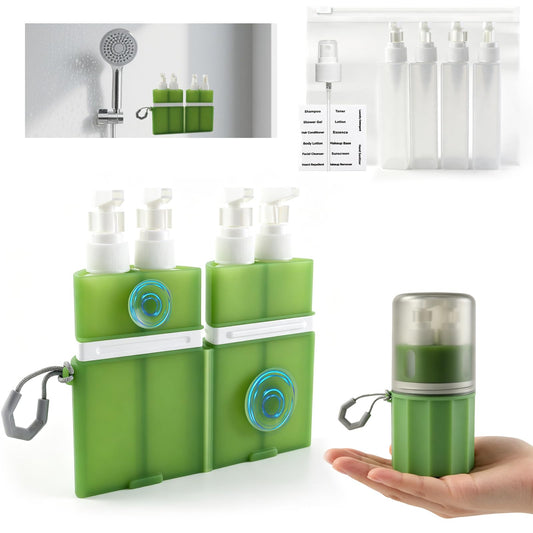MORMID 4 in 1 Travel Dispenser，Unbreakable Silicone Travel Dispenser Bottle, Vacuum Suction Wall Mounted Refillable Containers,Leakproof Toiletry Containers for Shampoo, Lotion, Baby Care-Green.