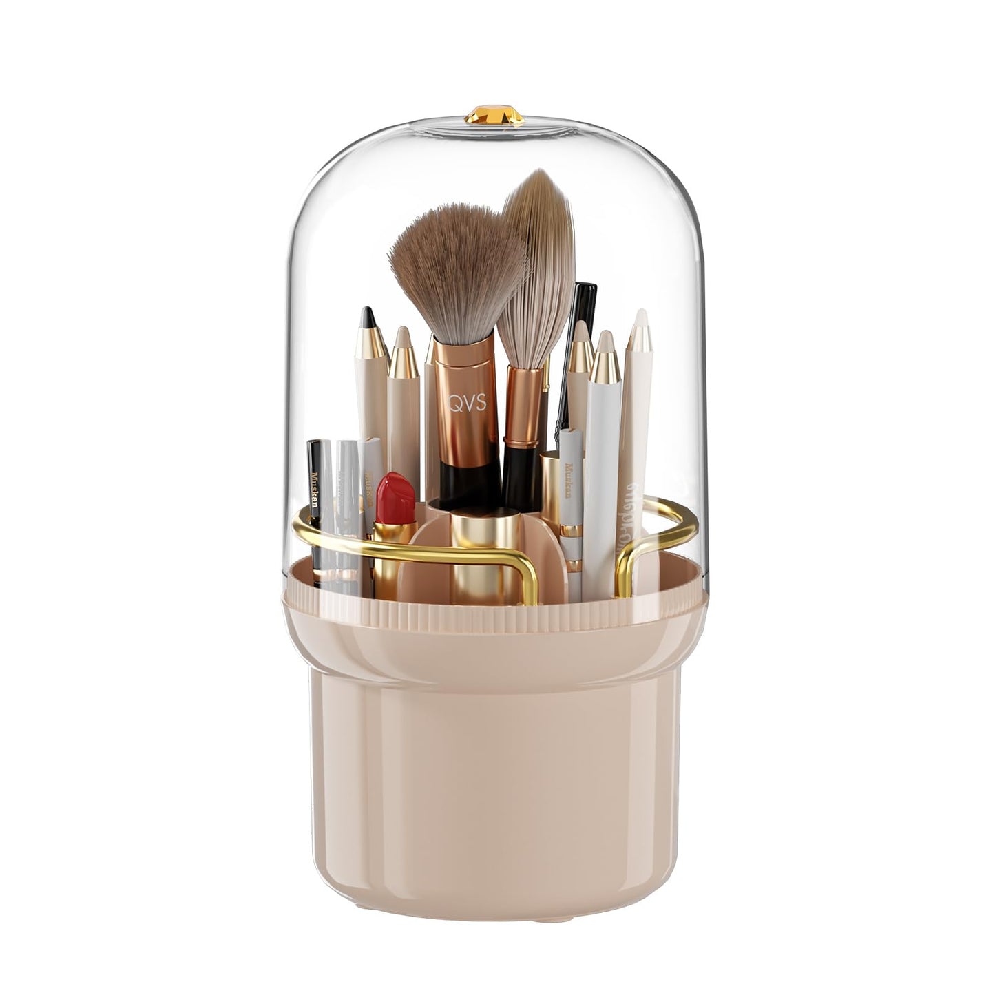 THE LIMIT 360 Degree Rotating Makeup Organizer Box, Dustproof Waterproof, 6 Compartments, Covered Brush Holder, Moisture-Proof, Fits Long Makeup Products, Easy Storage, Large Capacity (Pink)