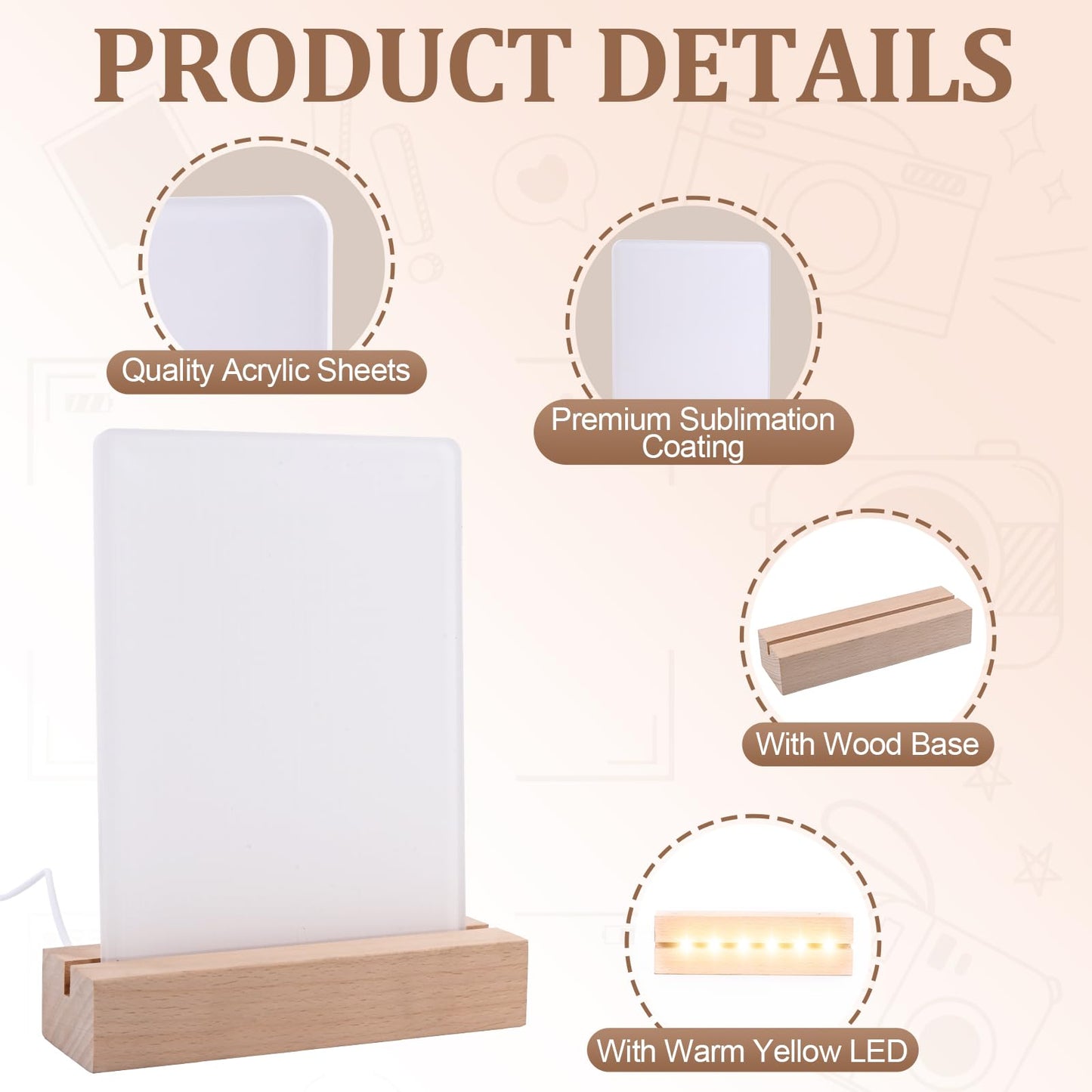 Ahniiqo 4 Pack 5" x 7" Sublimation led Acrylic Photo Frames Night Lights Blanks Heart Shape,with Warm Color Light with Wood Stand for Heat Press Machine Printing