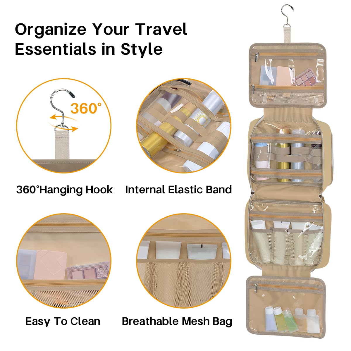 LANDFOBO Toiletry Bag for Women, Hanging Travel Toiletry Bag with Jewelry Organizer Compartment Large Makeup Bag, Cosmetic for Travel Business Trips Camping Bathroom Beige