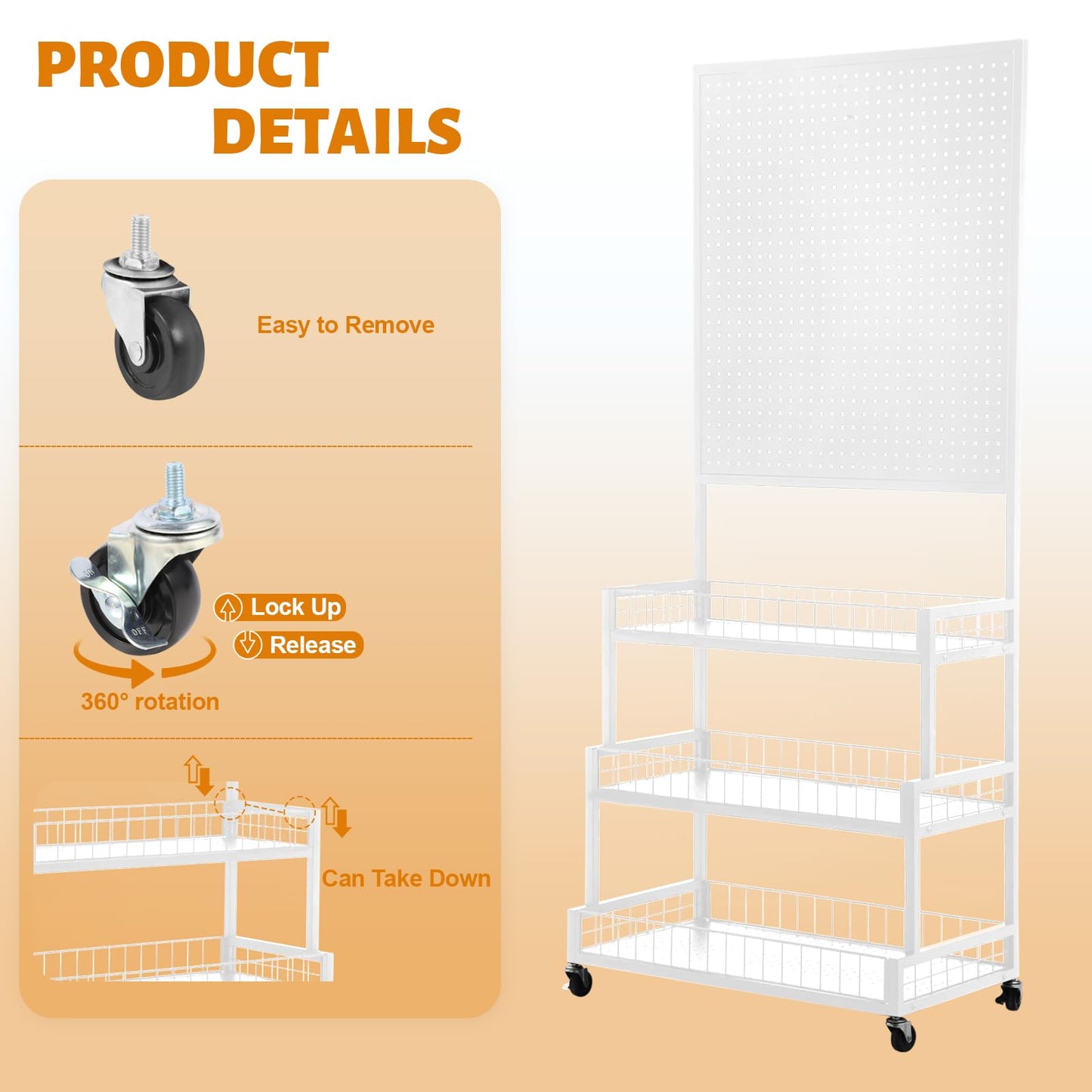 Eastern Tree 3 Tiers Metal Pegboard Display Stand with Pegboard Panel, Standing Pegboard Display Rack, Peg Board Panels, Art Display and Retail Display Stand with 20 Hooks - White