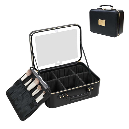 Prite Makeup Bag With LED Mirror 3 Light Modes Adjustable Brightness, Travel Cosmetic Train Case with Adjustable Dividers & Brush Holder, Portable Makeup Artist Organizer Bag for Women(Black)