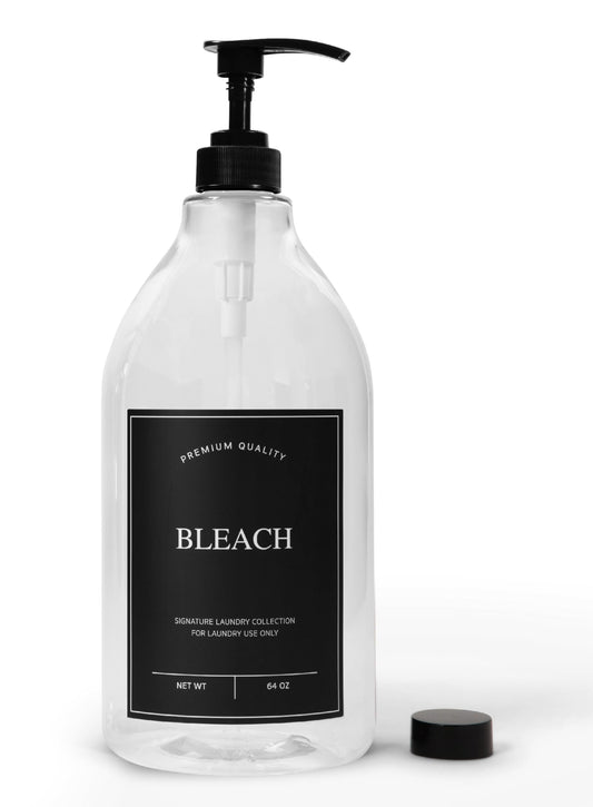 Calindiana Modern Farmhouse Bleach Liquid Laundry Detergent Dispenser for Laundry Room Decor and Organization, PET Plastic Landry Soap Containers with Water Resistant Label, Clear 64oz
