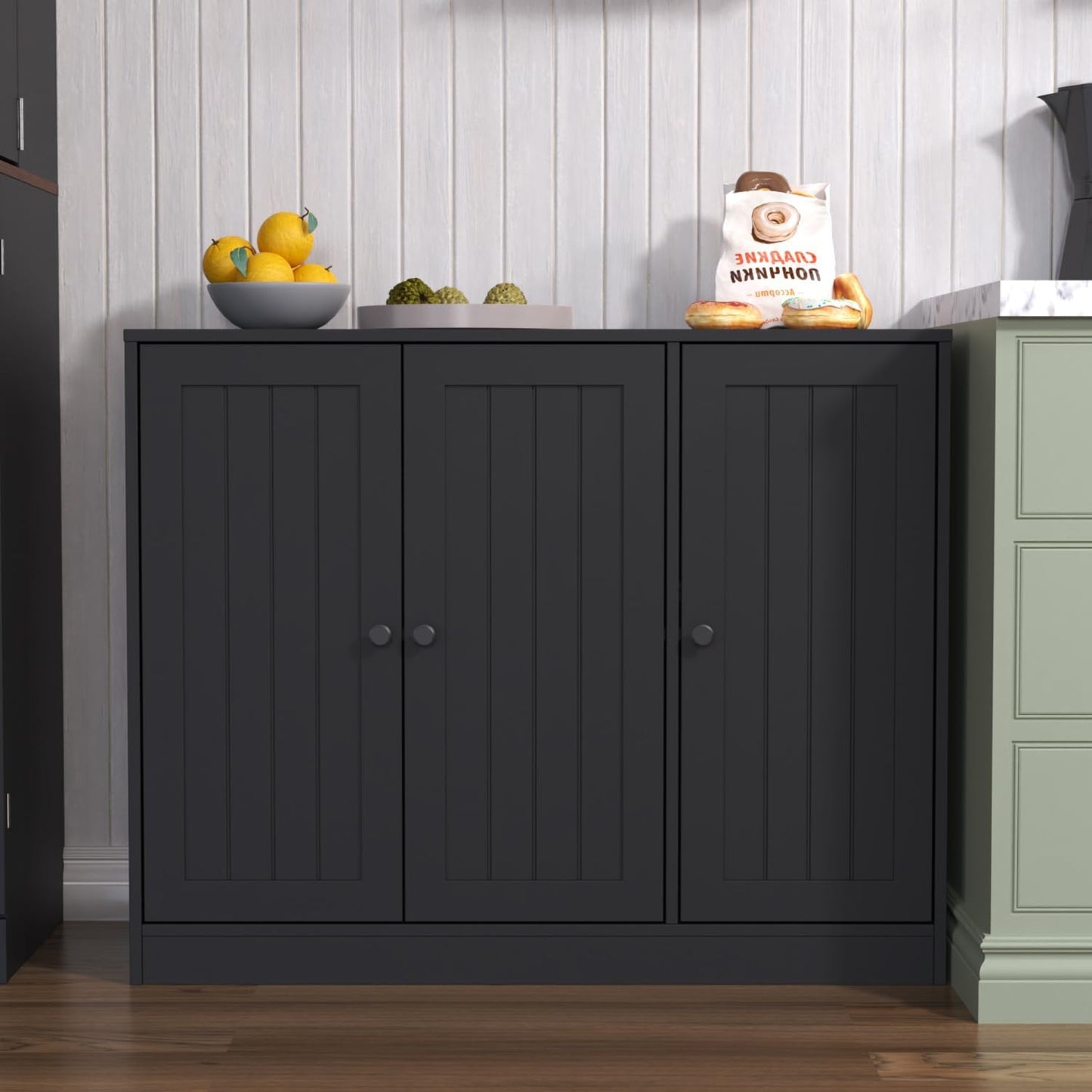 Furnify Buffet Cabinet with 3 Door, Kitchen Storage Cabinet with Adjustable Shelf, Coffee Bar Accent Cabinets for Living Room, Entryway, Black