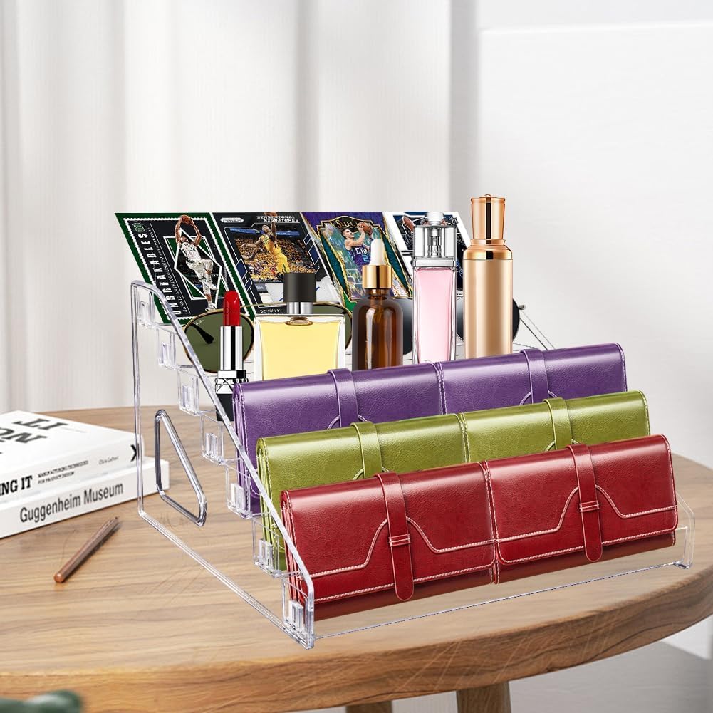 Bsenogou Wallet Display Stand, Acrylic 7-Tier Purse Display Stand, 7.8" Handbag & Perfume Organizer Rack, Cosmetic Jewelry Sunglasses Makeup Accessories Shelf (1 Pack)