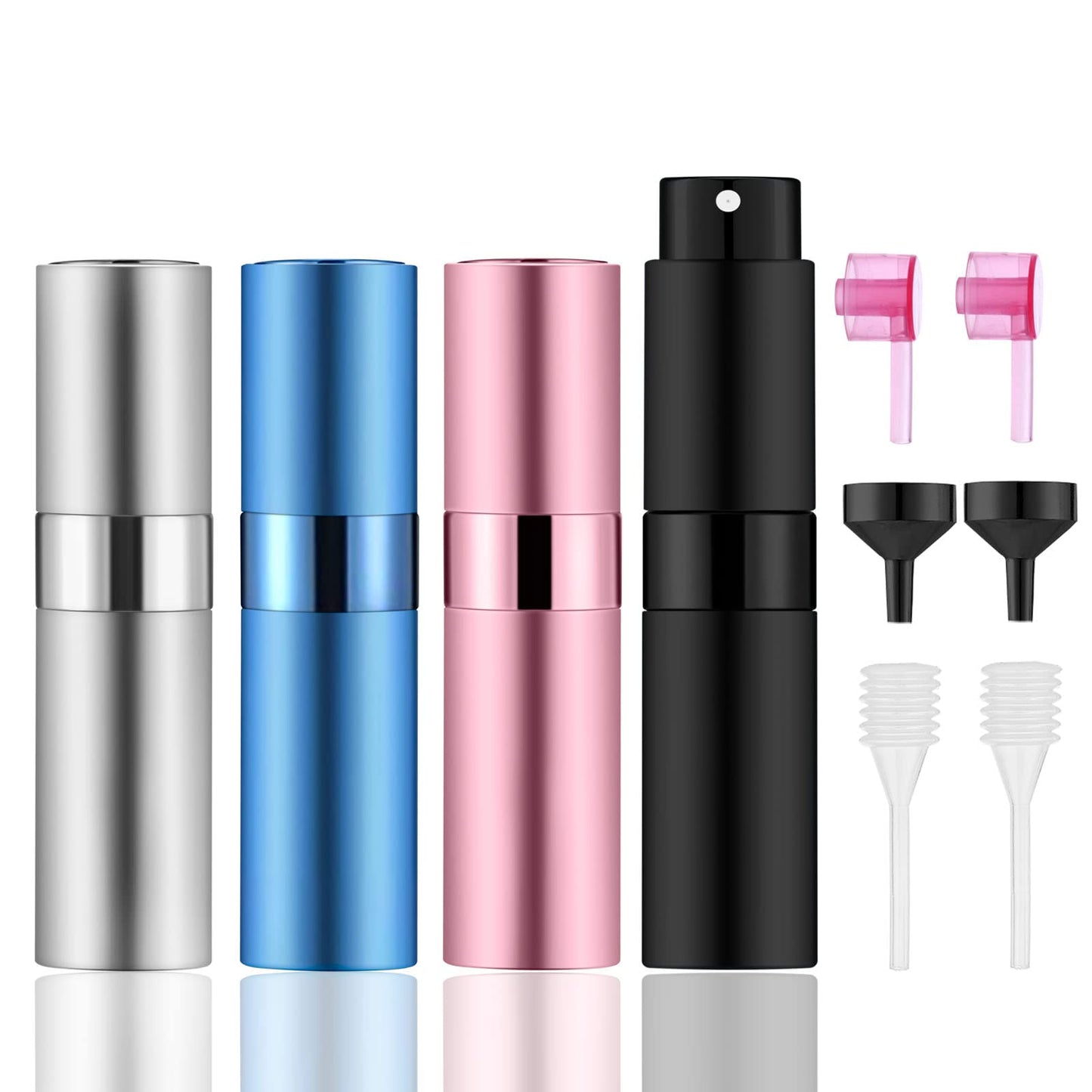IRON BILL 4 PCS/8ml Portable Mini Perfume Atomizer Bottles, Empty Refillable Spray Bottle with 3 Types of Refill Tools, Pocket Travel Perfume Sample Bottles(Matte Black&Silver&Pink&Blue)