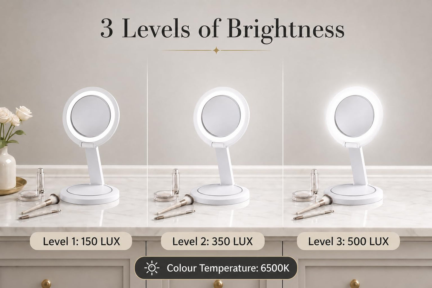 The Brighter Foldaway Vanity Mirror with 12X Magnification, Dual-Sided Rotating Foldable Design, 54 LEDs with 3 Brightness Levels, 14 Inch High Extendable