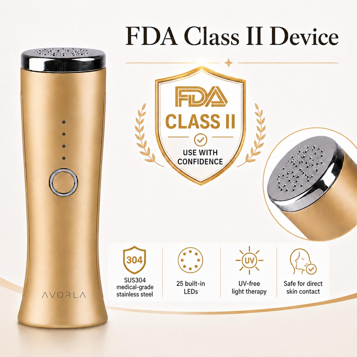 AVORLA® I Red Light Infrared Therapy Facial Wand I At-Home Skin Care Device, Anti Wrinkle Facial Massager (Gold)