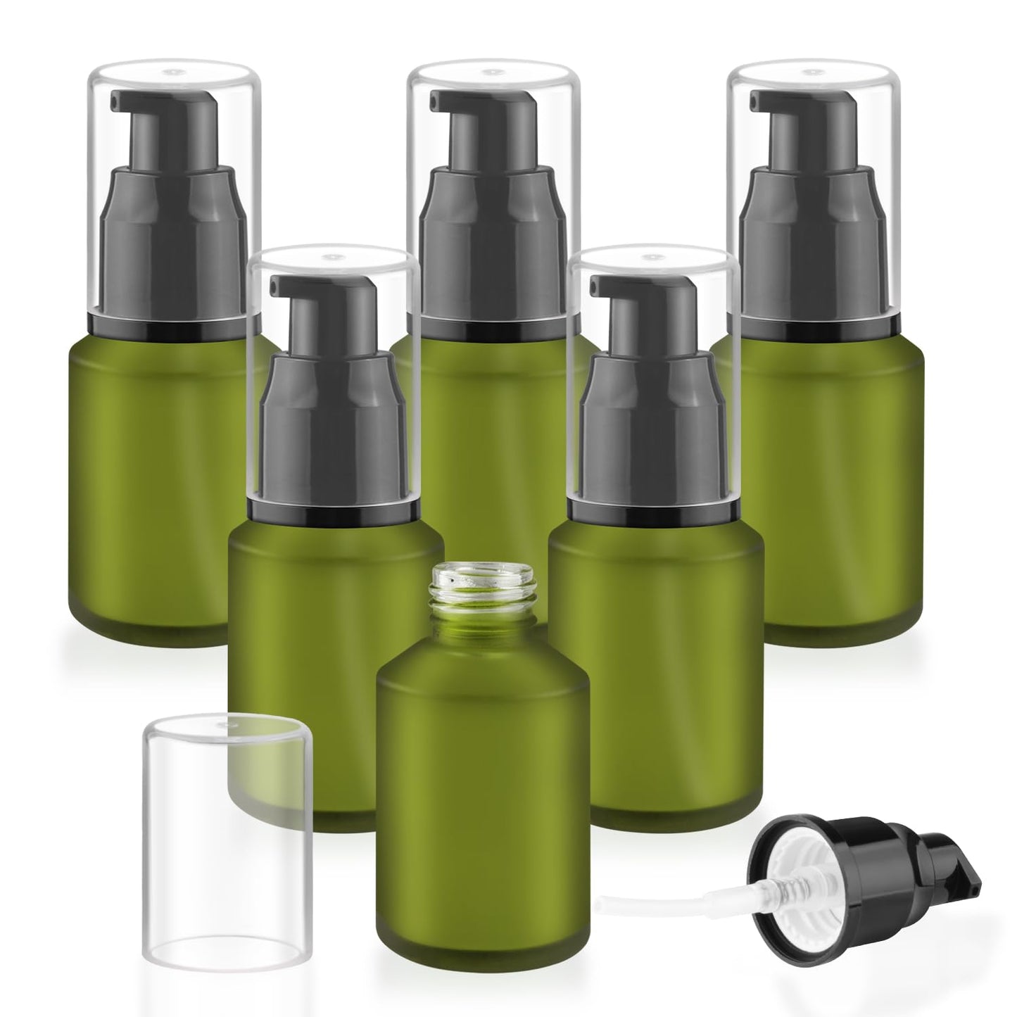 6 Pcs Empty Glass Pump Bottles Refillable Cream Lotion Bottles Travel Sample Bottles Cosmetic Dispenser Bottle Containers For Lotion Cream Emulsion Essence (Green, 30ml/1oz)