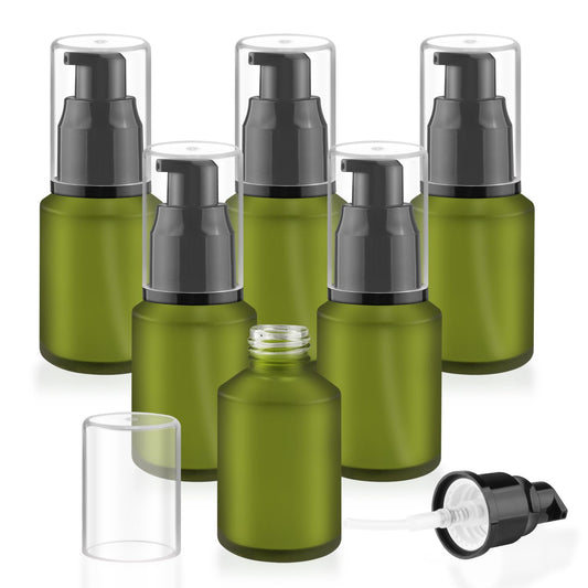 6 Pcs Empty Glass Pump Bottles Refillable Cream Lotion Bottles Travel Sample Bottles Cosmetic Dispenser Bottle Containers For Lotion Cream Emulsion Essence (Green, 30ml/1oz)