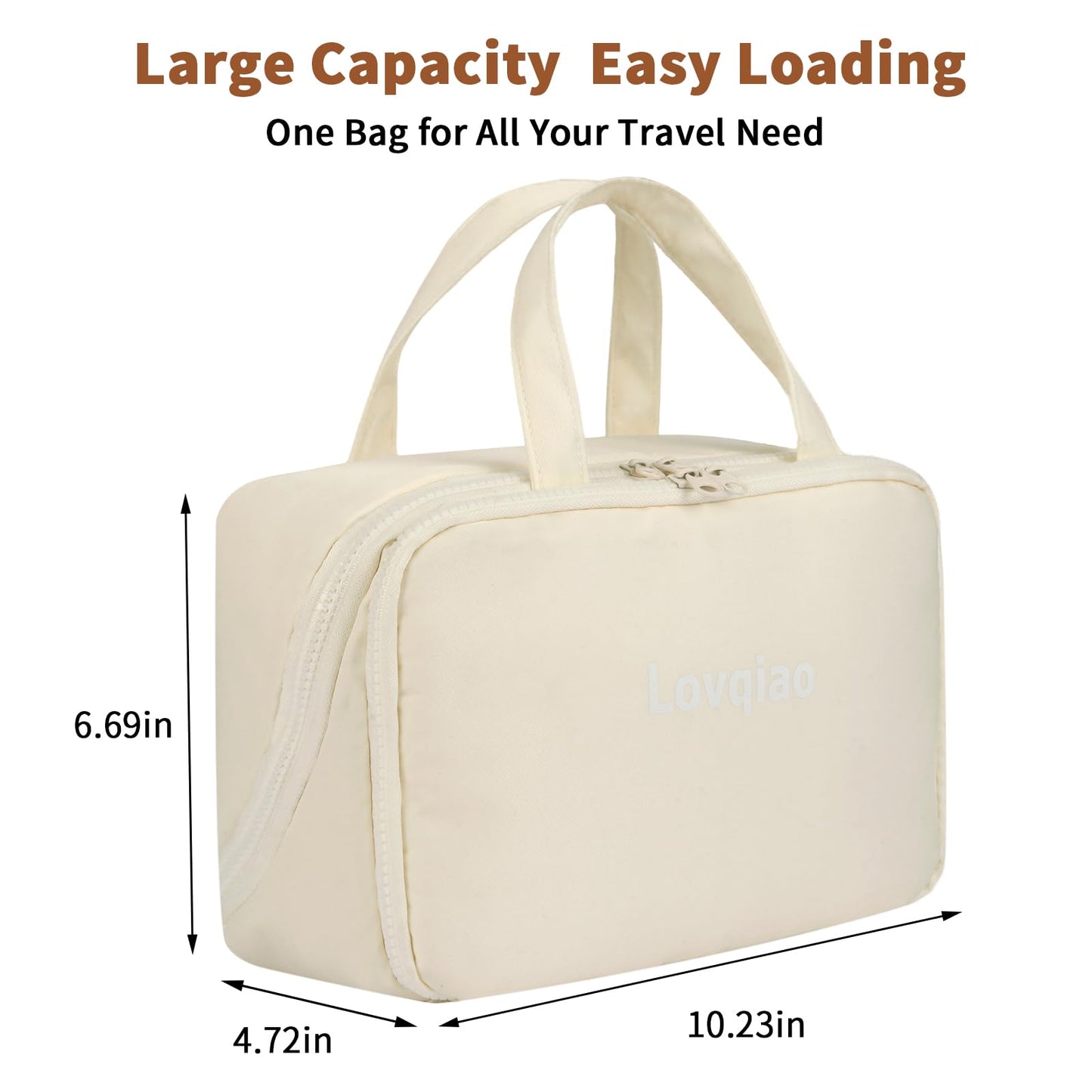 Lovqiao Large Beige Makeup Bag, Waterproof Travel Organizer for Women & Girls