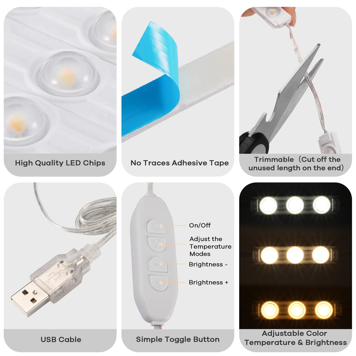 Consciot LED Vanity Lights for Mirror, Hollywood Style Strip, Adjustable Color & Brightness, USB Cable, Dimmable Makeup Stick on Table Dressing Room, White