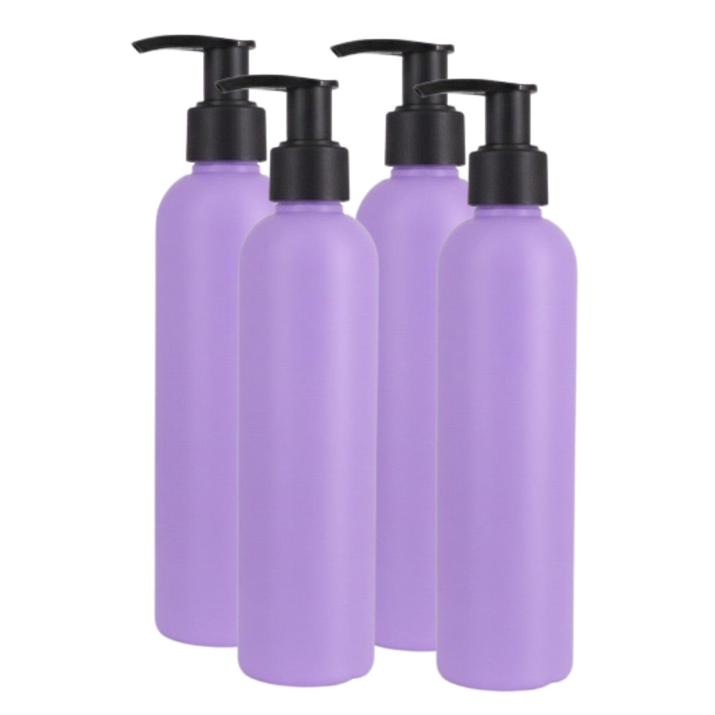 MOXMAR Pack of 4 HDPE Bottles 8.5 fl oz with Black Cream Pump + 2 Funnels & Labels | Refillable Plastic Dispenser Bottles for Lotion and Everyday Use (4, Lavender Bottle + Black Pump, 8.5 fl oz.)