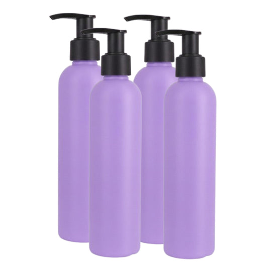 MOXMAR Pack of 4 HDPE Bottles 8.5 fl oz with Black Cream Pump + 2 Funnels & Labels | Refillable Plastic Dispenser Bottles for Lotion and Everyday Use (4, Lavender Bottle + Black Pump, 8.5 fl oz.)
